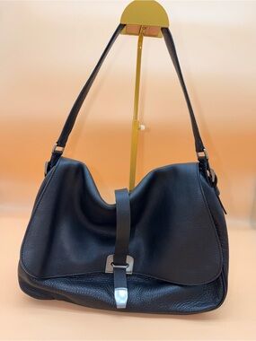 Authentic PRADA Vitello St. Cer Black Deerskin Hobo Flap Shoulder Bag BR0619